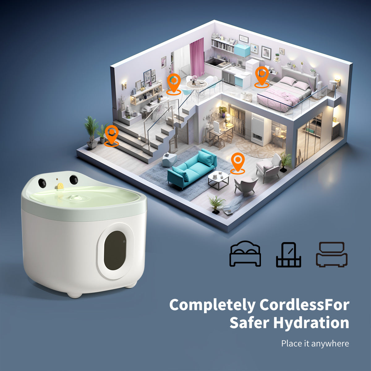 2.2L Cat Water Fountain Wireless Smart with 5000mAh Battery Quiet Automatic Pet Water Dispenser Healthy Filtered for Cat Indoor