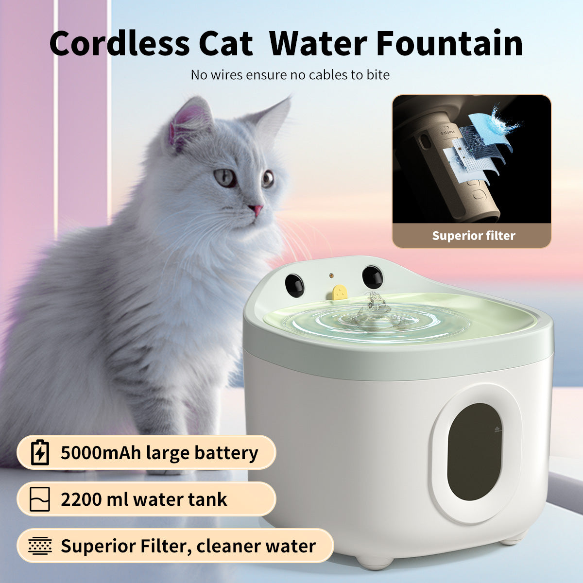 2.2L Cat Water Fountain Wireless Smart with 5000mAh Battery Quiet Automatic Pet Water Dispenser Healthy Filtered for Cat Indoor