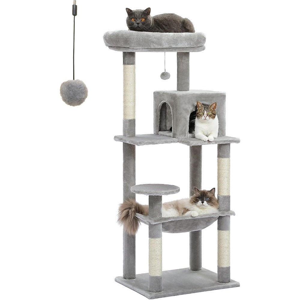 56.3'' Tall Cat Tree for Indoor Cats, Multi-Level Cat Tower with Super Large Hammock (20''X16''), Sisal Covered Scratching Posts