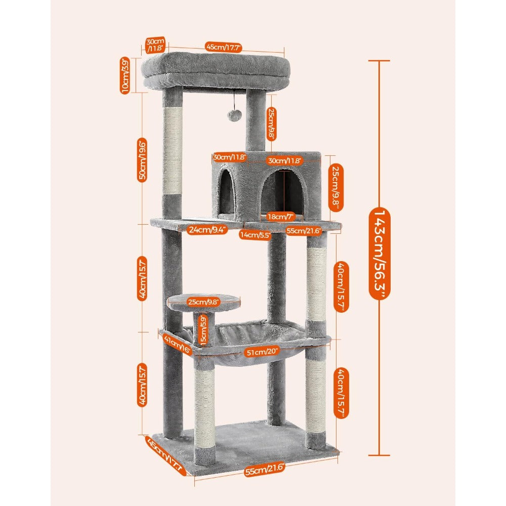 56.3'' Tall Cat Tree for Indoor Cats, Multi-Level Cat Tower with Super Large Hammock (20''X16''), Sisal Covered Scratching Posts