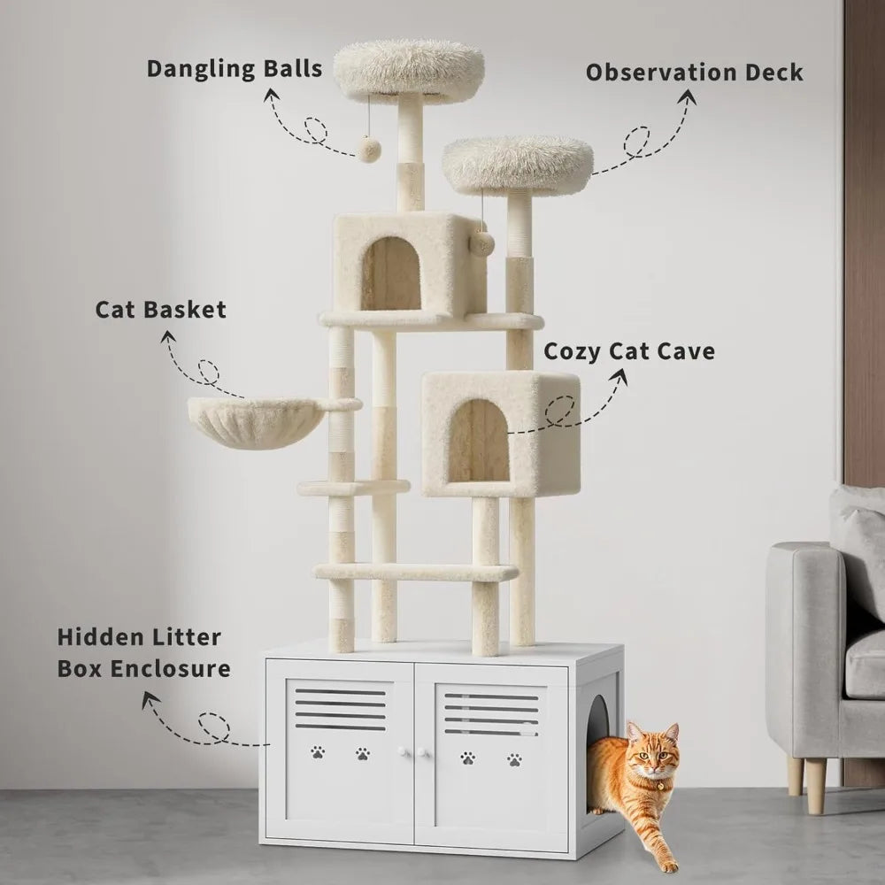 Tall Cat Tree with Litter BoxEnclosure 2-in-1 Modern Large Cat Tower for Indoor Cats with Double Condos/Scratching Posts/Hammock