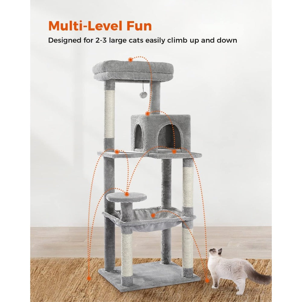 56.3'' Tall Cat Tree for Indoor Cats, Multi-Level Cat Tower with Super Large Hammock (20''X16''), Sisal Covered Scratching Posts
