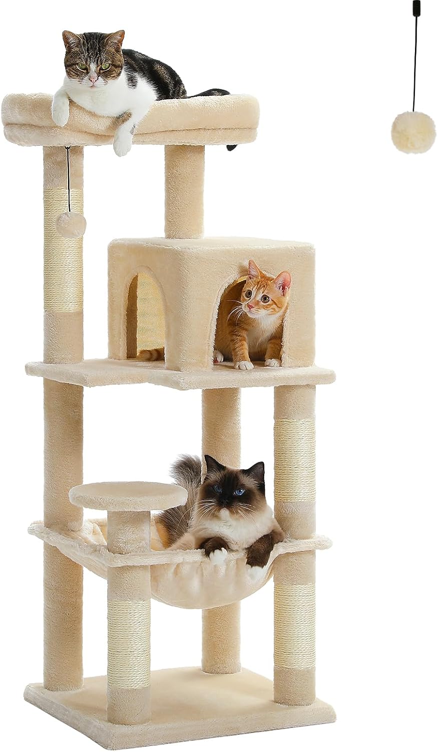 56.3'' Tall Cat Tree for Indoor Cats, Multi-Level Cat Tower with Super Large Hammock (20''X16''), Sisal Covered Scratching Posts
