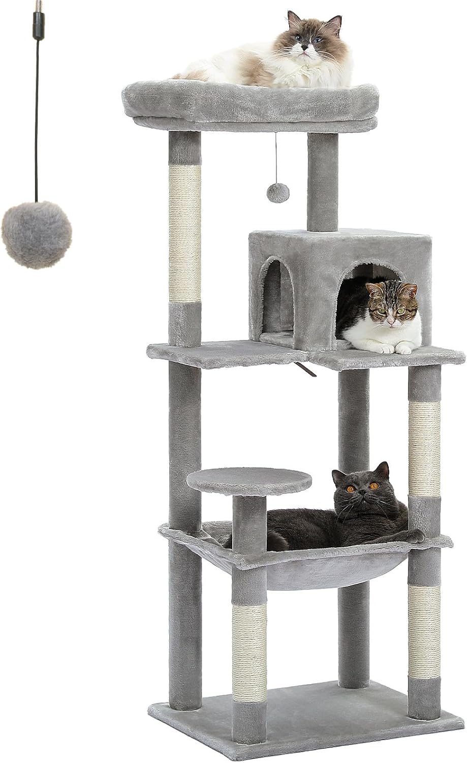 56.3'' Tall Cat Tree for Indoor Cats, Multi-Level Cat Tower with Super Large Hammock (20''X16''), Sisal Covered Scratching Posts