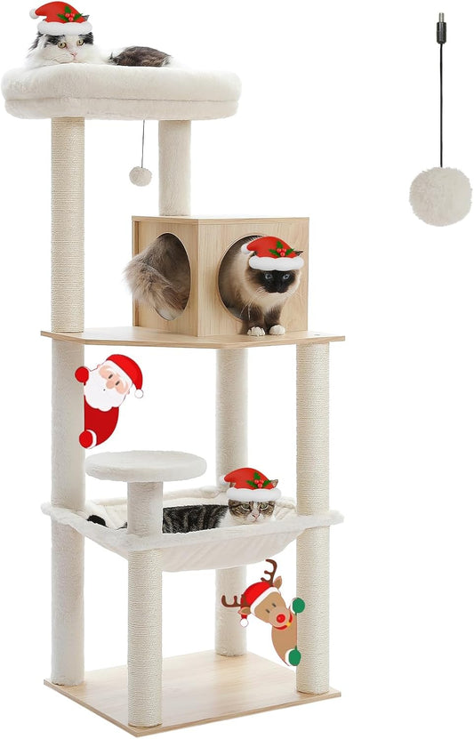 56.3'' Tall Cat Tree for Indoor Cats, Multi-Level Cat Tower with Super Large Hammock (20''X16''), Sisal Covered Scratching Posts